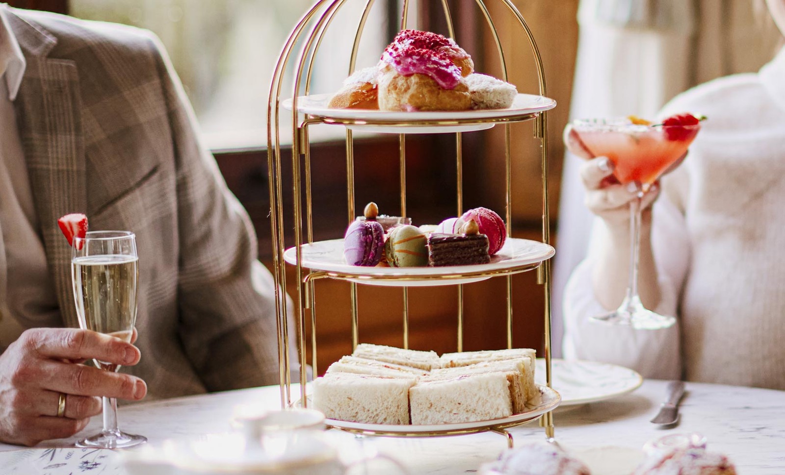 A refined afternoon tea selection of freshly prepared sweet and savoury bites, with the option to add a glass of bubbly for added indulgence.