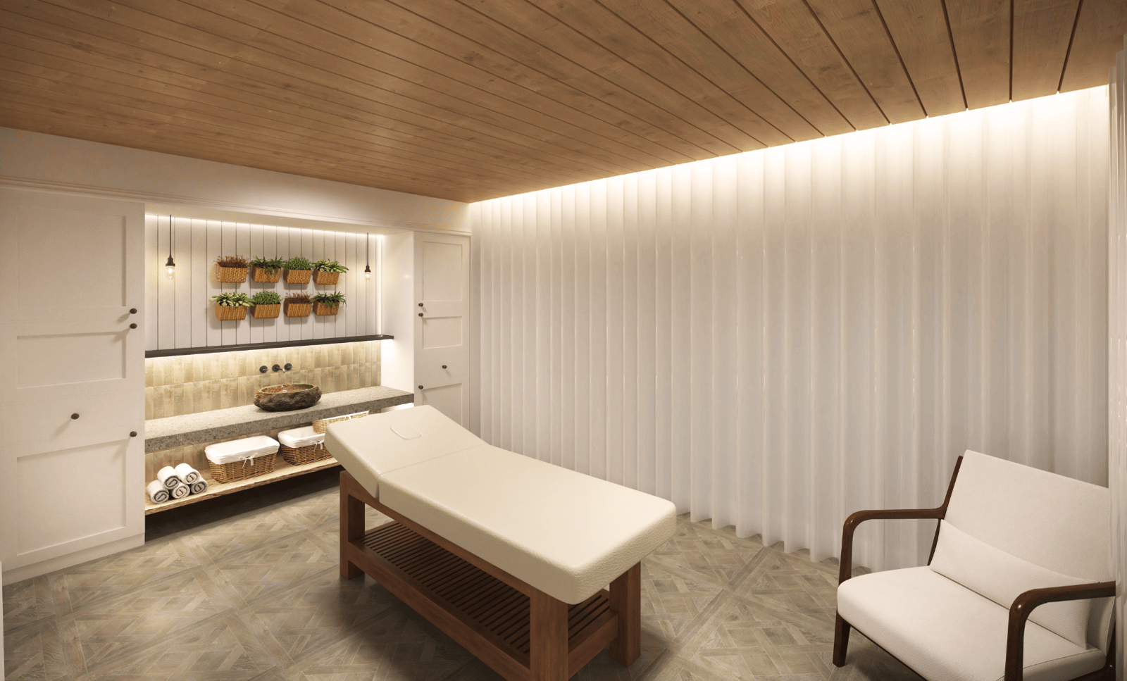 A serene spa treatment room, bathed in soft light, promising relaxation and rejuvenation.