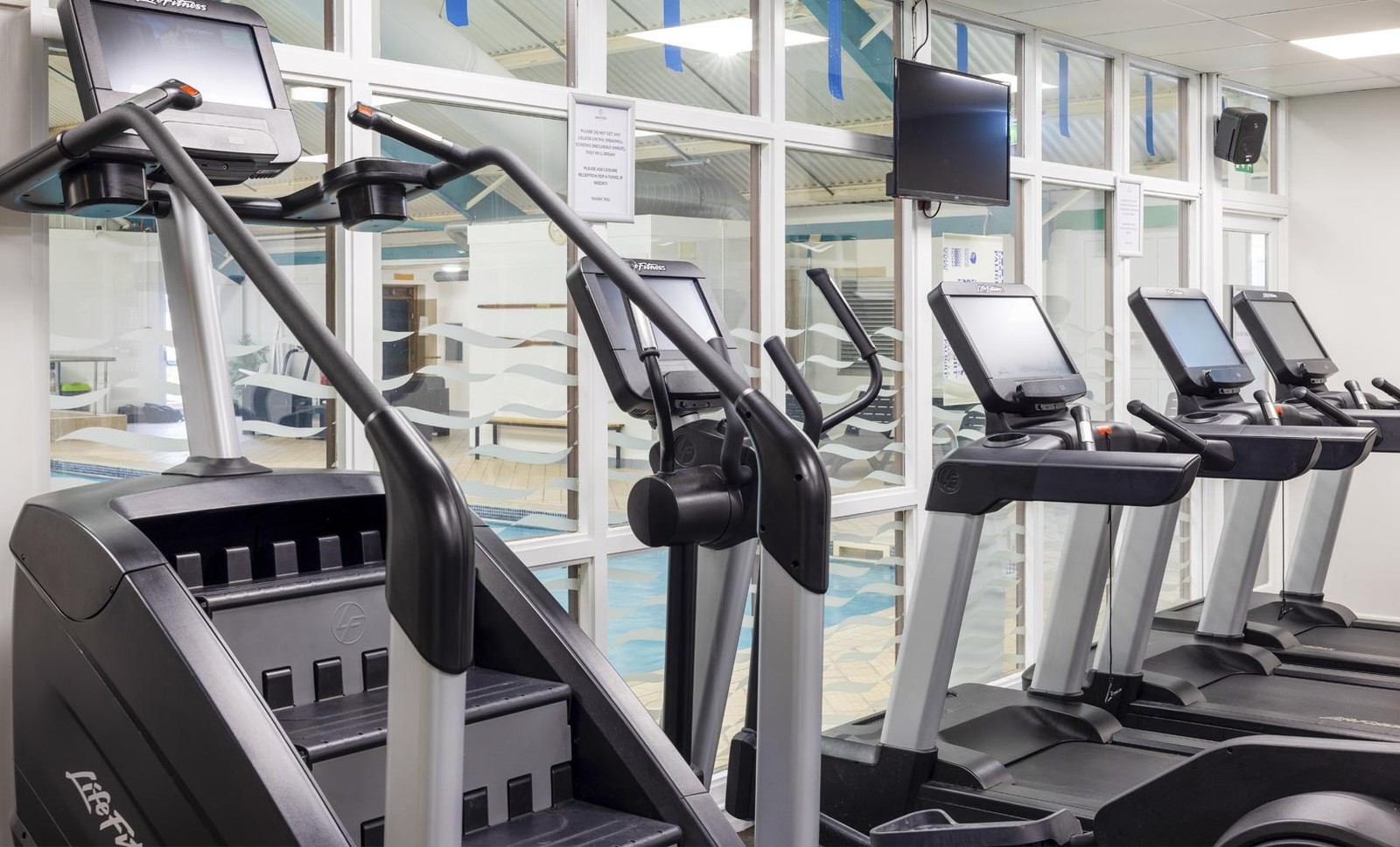 Gym with cardio equipment, including treadmills and stair climbers, overlooking the indoor swimming pool.