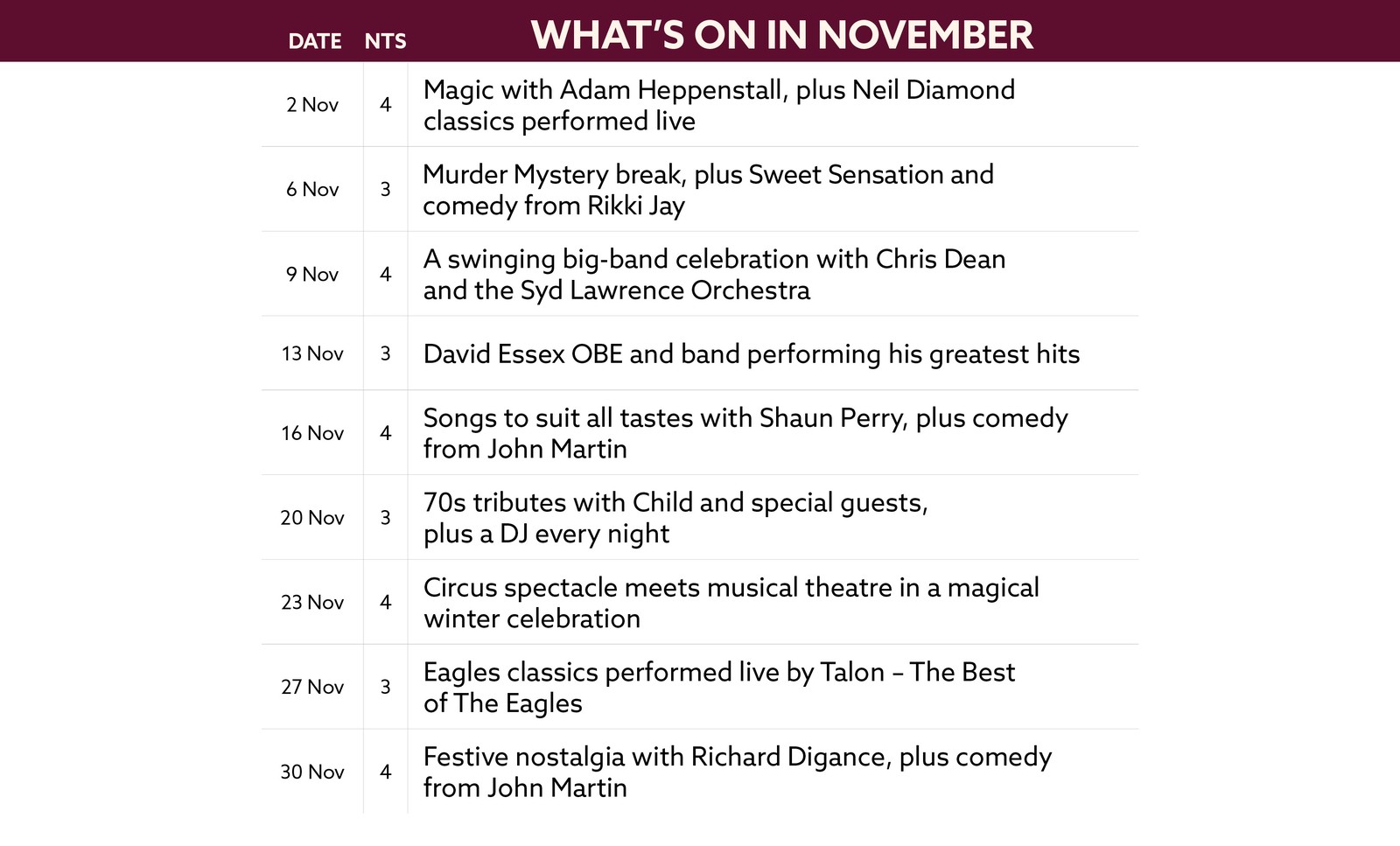 See what's on at Nidd Hall in November.