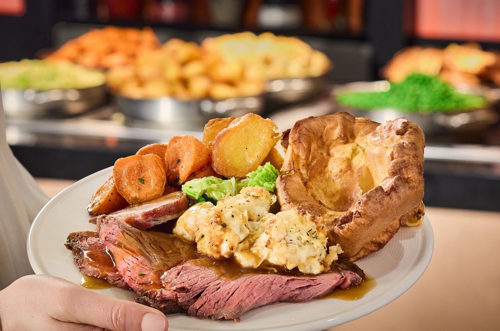 Delicious self serve roast beef meal from our carvery in Market Kitchen.