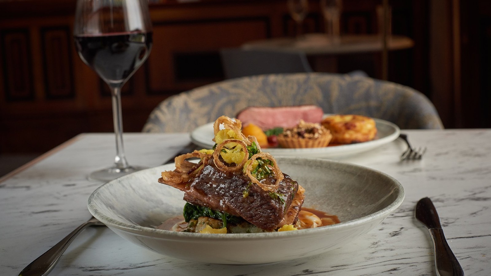 Main at Brasserie32: Braised beef short rib - Crushed potatoes, celeriac puree, spinach, gremolata, beef jus.