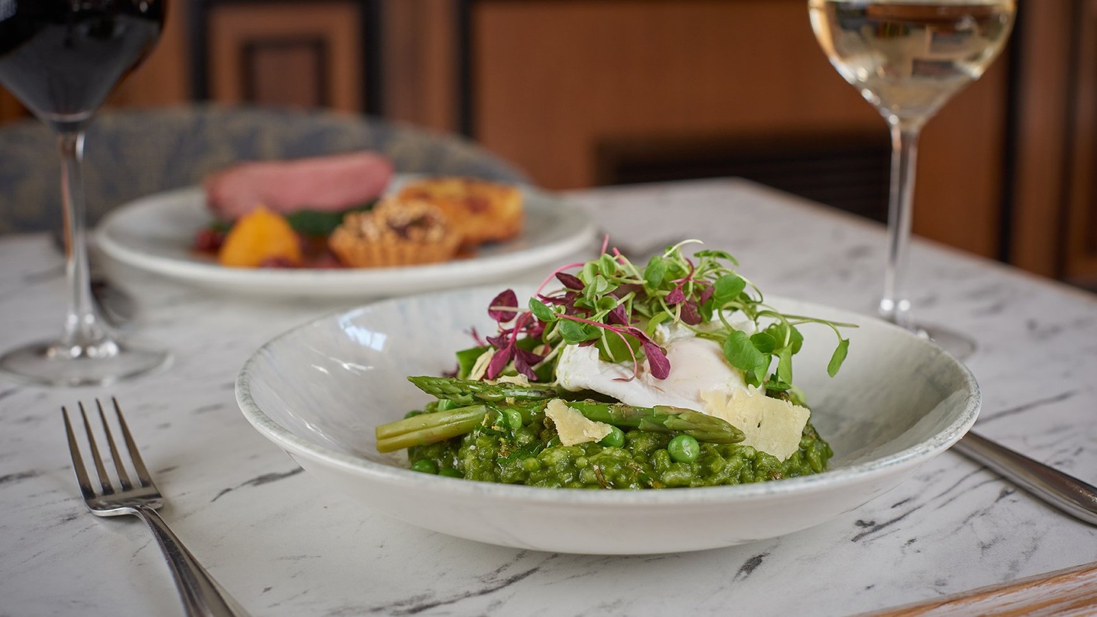 Main at Brasserie32: Risotto verde - Poached egg, asparagus, pea, lemon, spinach, salsa verde, Barbers Cheddar.