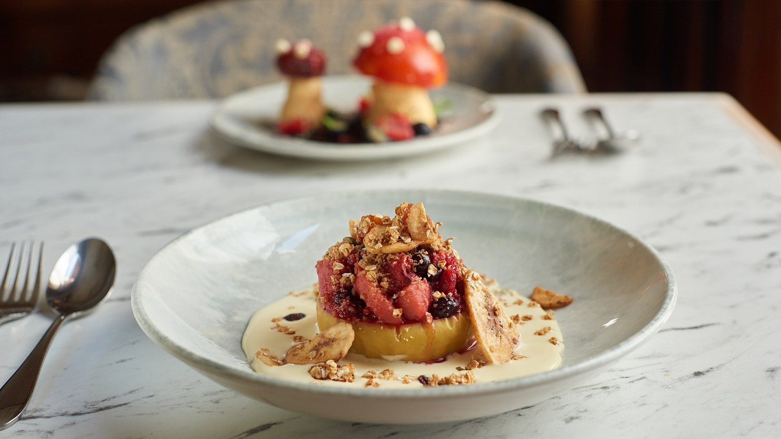 Baked apple & blackberry oat fruit crumble with crème Anglais at Brasseri32.