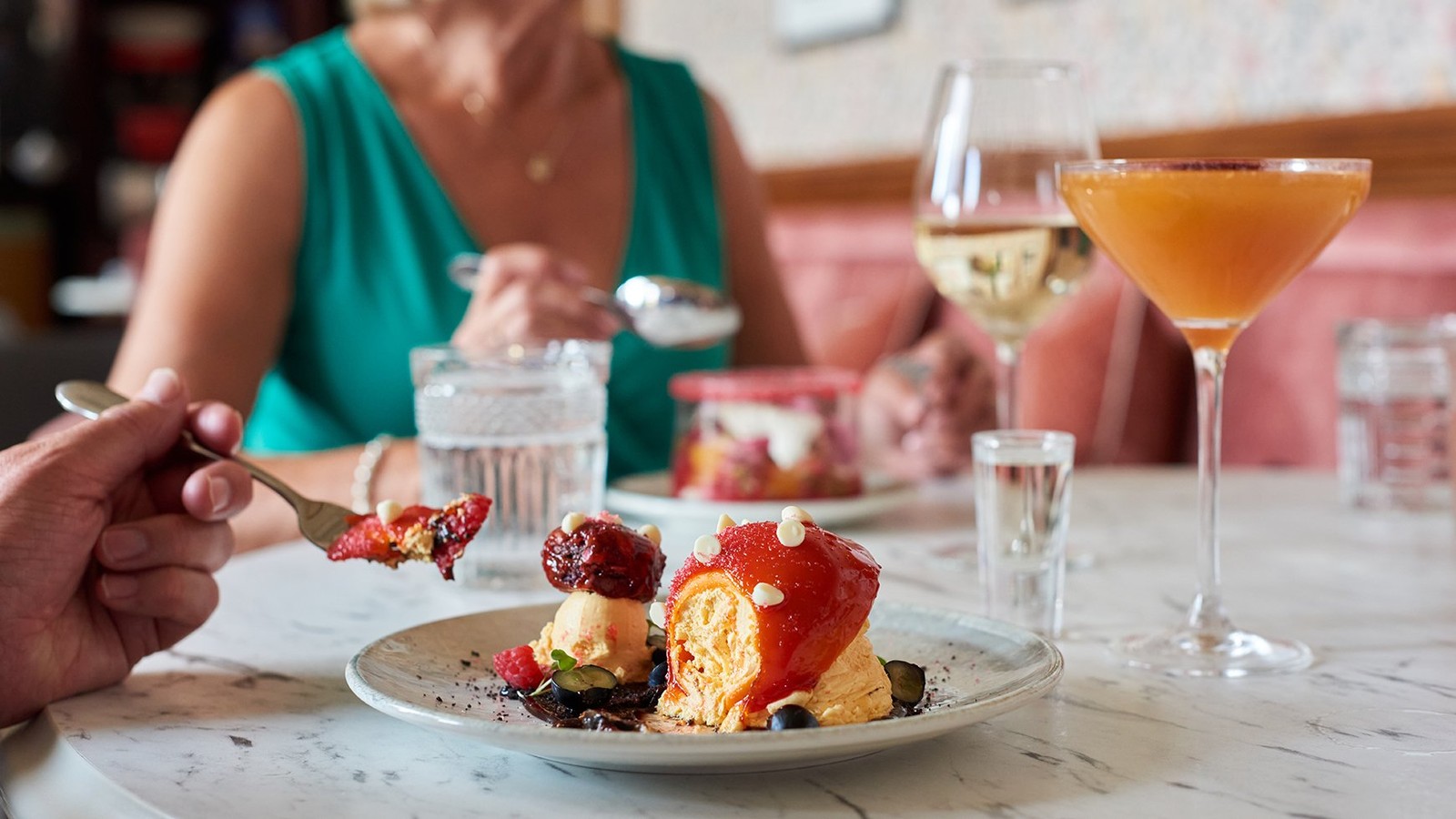 Dessert at Brasserie32: Enchanted garden - Lemon parfait, chocolate, fruit macaroon, fresh berries.