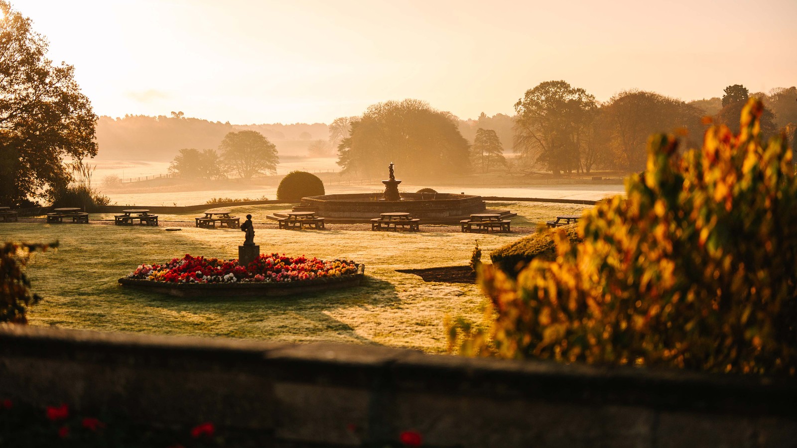 Morning light spills across the gardens of Thoresby Hall, so every sunrise feels like a painting coming to life.