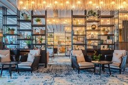 The riverside lounge, with bright lights and comfortable chairs