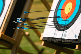 Close up view of two archery boards with arrows in