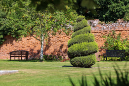 Garden on the grounds of Gunton Hall featuring a topiary tree and a bench in front of a red brick wall