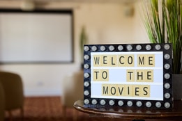 'Welcome to the movies' sign in the cinema room at Lakeside