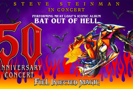 Promotional artwork for Steve Steinman’s Bat Out of Hell 50th Anniversary Concert featuring a flaming motorcycle rider and bats against a purple background.