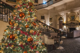 Christmas tree in the grand entrance hall at Cricket St. Thomas