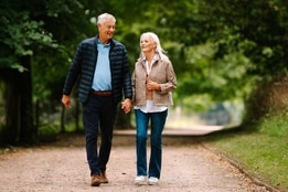A couple walks hand-in-hand along a peaceful, tree-lined path, surrounded by nature in a serene setting.