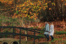 A couple walks hand-in-hand over a wooden bridge surrounded by autumn foliage and fallen leaves.