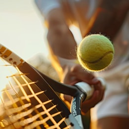Close up of a mans hand holding a tennis racket with a ball about to bounce of it