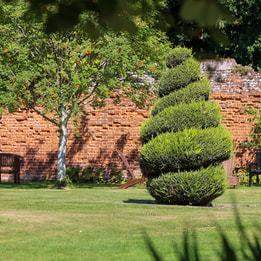 Garden on the grounds of Gunton Hall featuring a topiary tree and a bench in front of a red brick wall