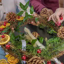 Close up of a hand made wreath being made