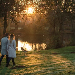 A couple walking beside a lake at Gunton Hall