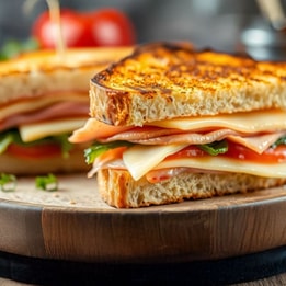 Close-up of a toasted sandwich stacked with ham, cheese, lettuce, and tomato, served on a wooden plate with fries in the background.