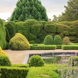 Formal hotel gardens with sculpted topiary, ornamental pond and beautifully maintained landscaping.
