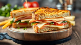 Close-up of a toasted sandwich stacked with ham, cheese, lettuce, and tomato, served on a wooden plate with fries in the background.