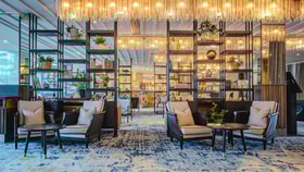 A vibrant lounge with warm lighting