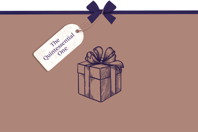 Minimalist festive graphic with a warm beige background, featuring a dark line illustration of a wrapped gift box with a bow. A gift tag tied with a purple ribbon reads ‘The Quintessential One’.