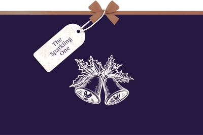 Minimalist festive graphic with a deep purple background, featuring a white line illustration of two bells with holly leaves. A gift tag tied with a brown ribbon reads ‘The Sparkling One’.