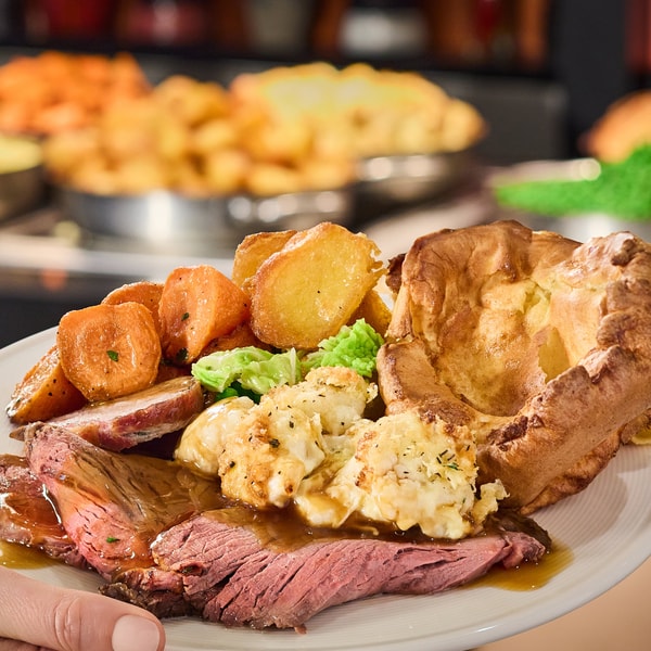 Delicious self serve roast beef meal from our carvery in Market Kitchen.