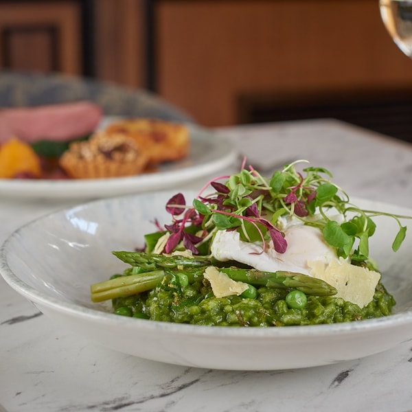 Main at Brasserie32: Risotto verde - Poached egg, asparagus, pea, lemon, spinach, salsa verde, Barbers Cheddar.