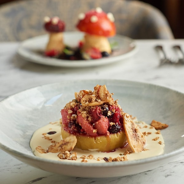 Baked apple & blackberry oat fruit crumble with crème Anglais at Brasseri32.