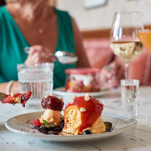 Dessert at Brasserie32: Enchanted garden - Lemon parfait, chocolate, fruit macaroon, fresh berries.