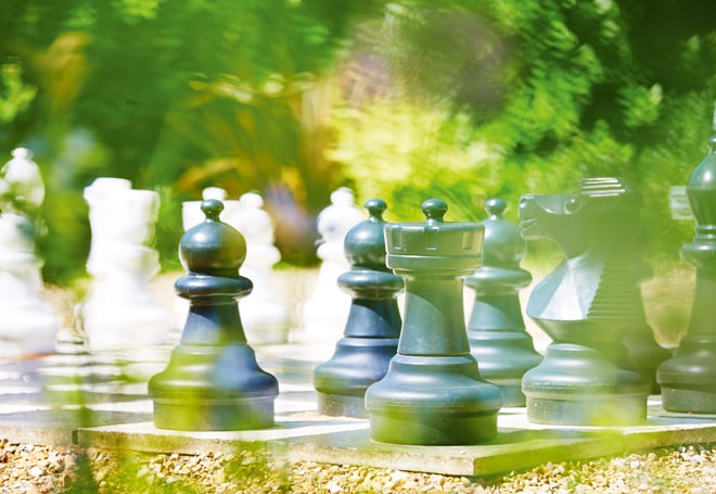 A close-up of black chess pieces on a garden chessboard, with a blurred background of greenery and white pieces in the distance.