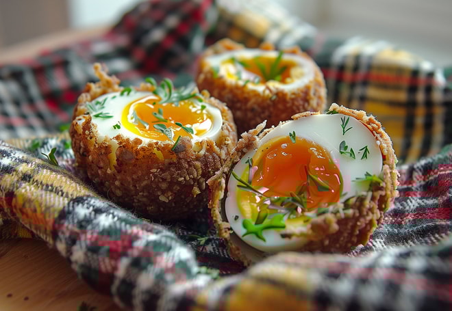 Scotch eggs cut open with a runny centre