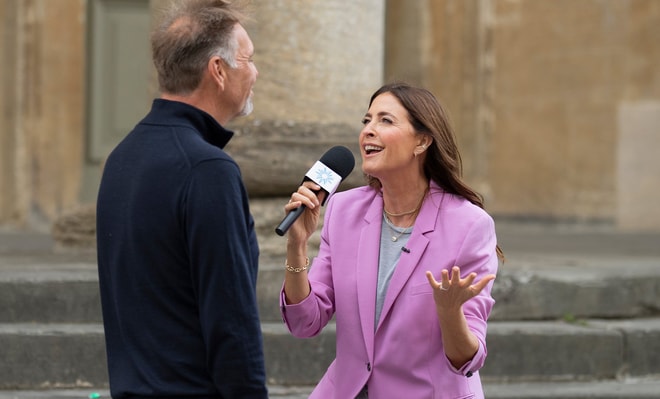 Lisa Snowdon interviewing people on the streets of Chipping Norton