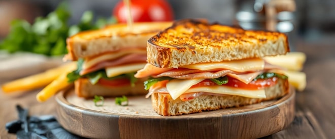 Close-up of a toasted sandwich stacked with ham, cheese, lettuce, and tomato, served on a wooden plate with fries in the background.