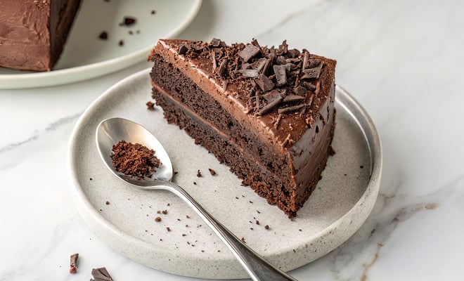 A decadent slice of chocolate cake topped with chocolate shavings, served on a grey plate with a spoon and crumbs nearby.