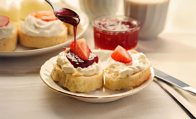 Two freshly baked scones topped with cream, strawberry slices, and drizzled with berry jam