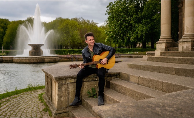 Scott Wilkes sat on some steps with a guitar in front of a water fountain