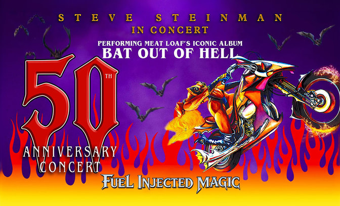 Promotional artwork for Steve Steinman’s Bat Out of Hell 50th Anniversary Concert featuring a flaming motorcycle rider and bats against a purple background.