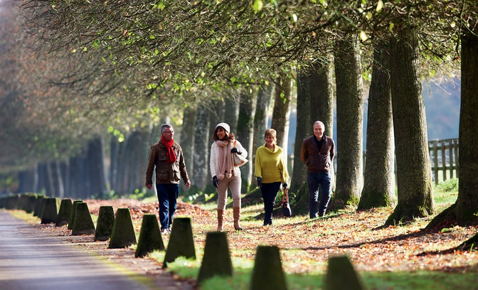 Four people walking along the driveway at Heythrop Park in winter casual wear