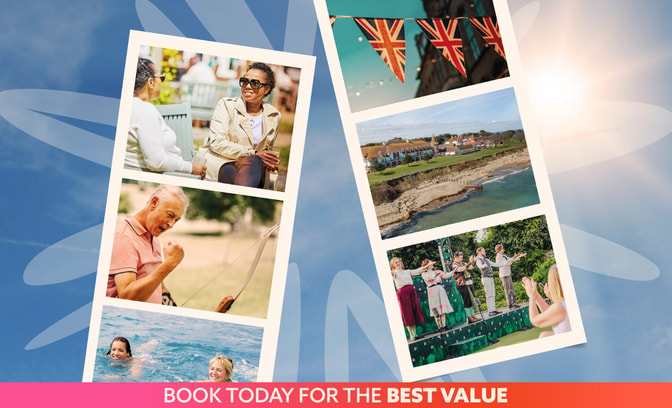 Collage of photographs featuring socialising, archery, swimming, Union Flags, a seaside resort and an open-air theatre, with the text: “Book today for the best value”.