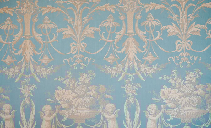 The wallpaper in the Blue Room at Thoresby Hall