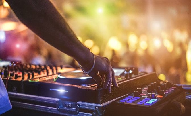 Close up of some DJ decks at a festival break