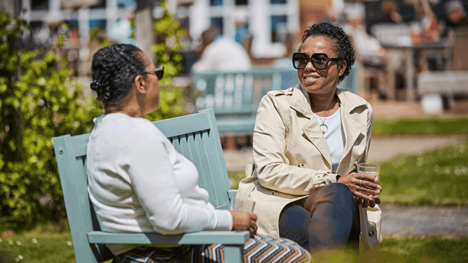 Two women in sunglasses soaking up the sun at Warner Hotels