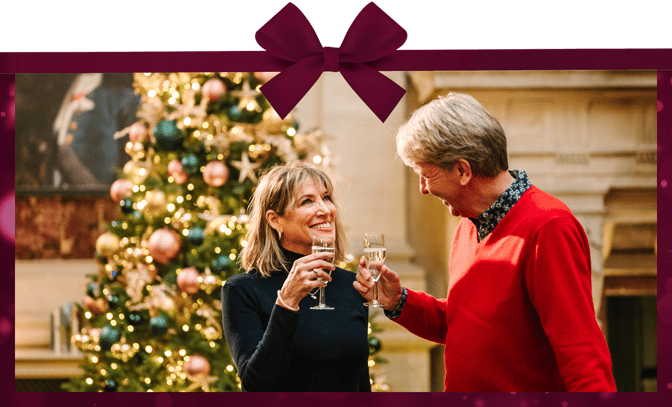 A couple toasting in front of a christmas tree