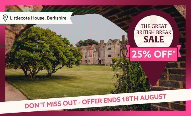 View of Littlecote House in Berkshire, featuring a lush garden and promotional text for a 25% off sale ending August 18th.