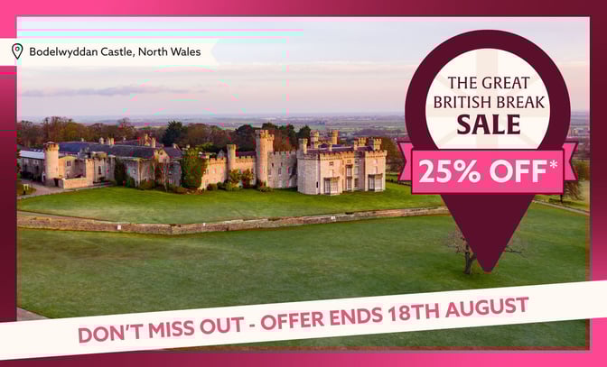 Promotional graphic featuring Bodelwyddan Castle in North Wales, advertising a 25% off Great British Break Sale.