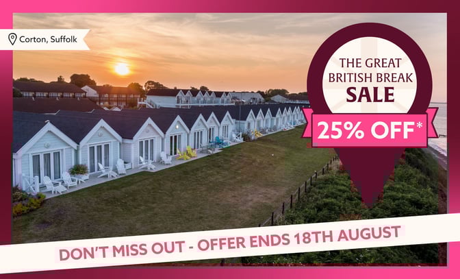 Promotional graphic featuring Corton in Norfolk, advertising a 25% off Great British Break Sale.