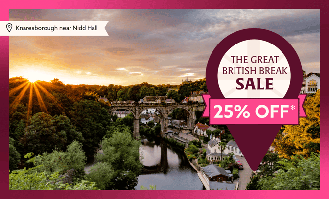 View of Knaresborough at sunset, featuring a bridge above a river, with a promotional banner for a 25% off sale.
